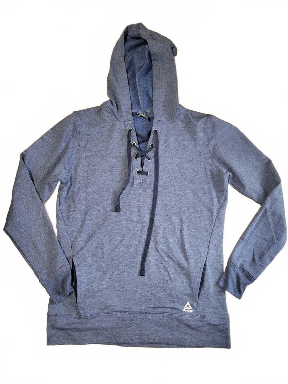 Reebok Blue Lace Up V-Neck Light Weight Long Sleeve Hoodie Sweater Size M